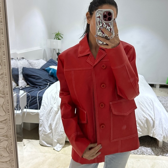 Red Boxy Pleather Coat - Picture 2 of 9
